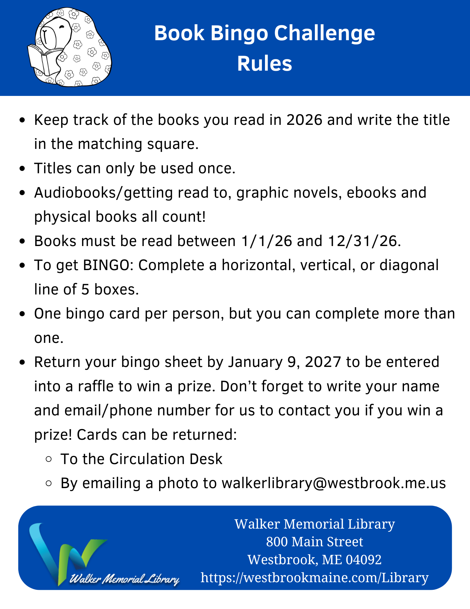 Walker 2026 Book Bingo info