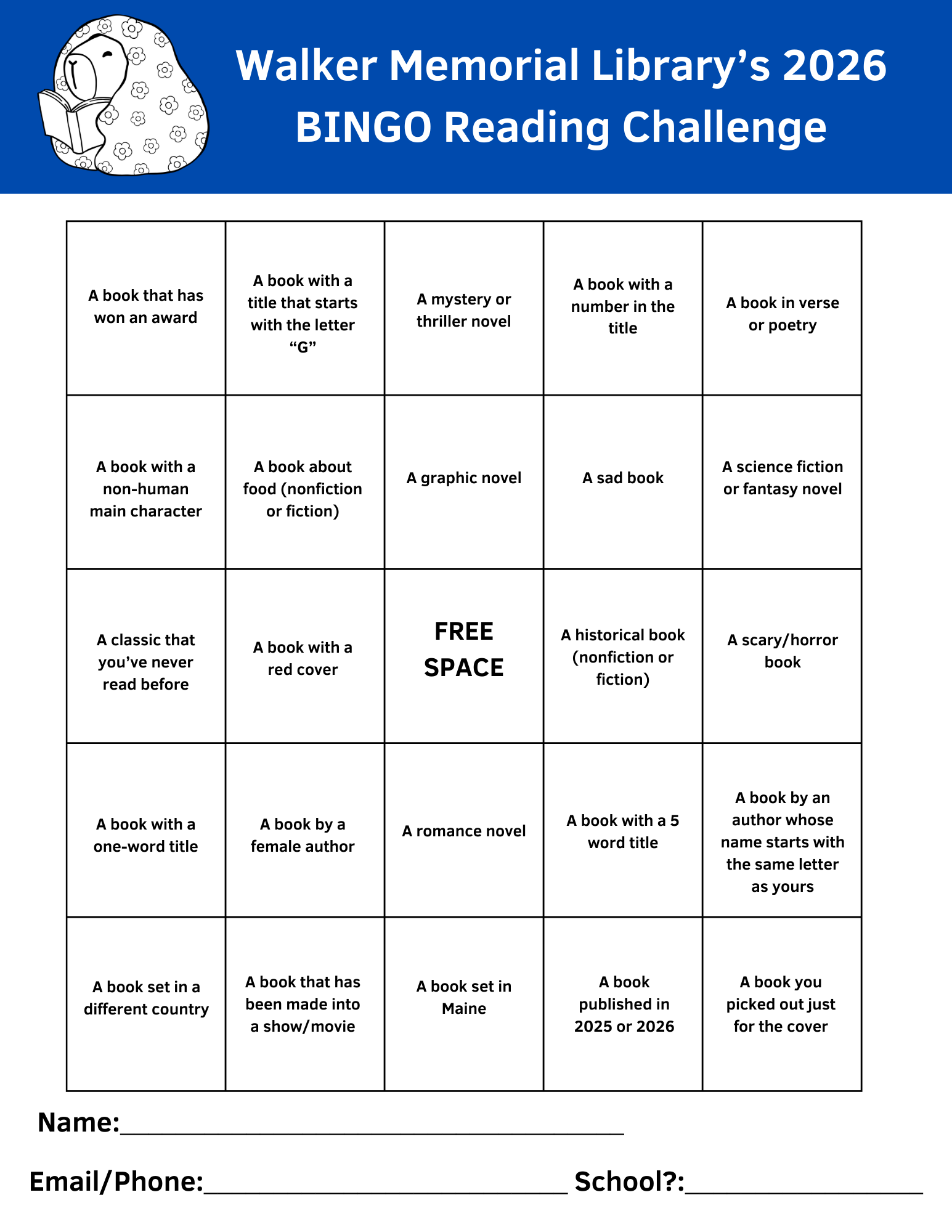 Walker 2026 Book Bingo
